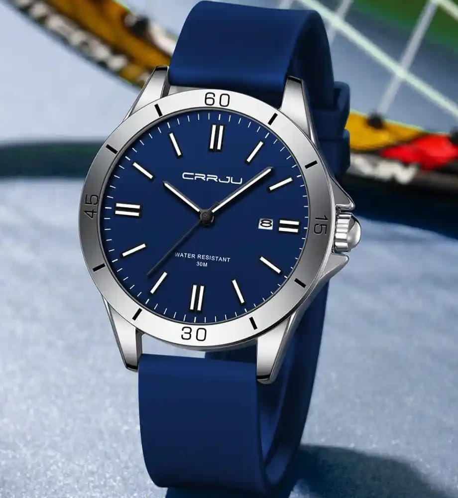 CRRJU 5025 Premium Men's Watch - Blue Dial Silicone Strap