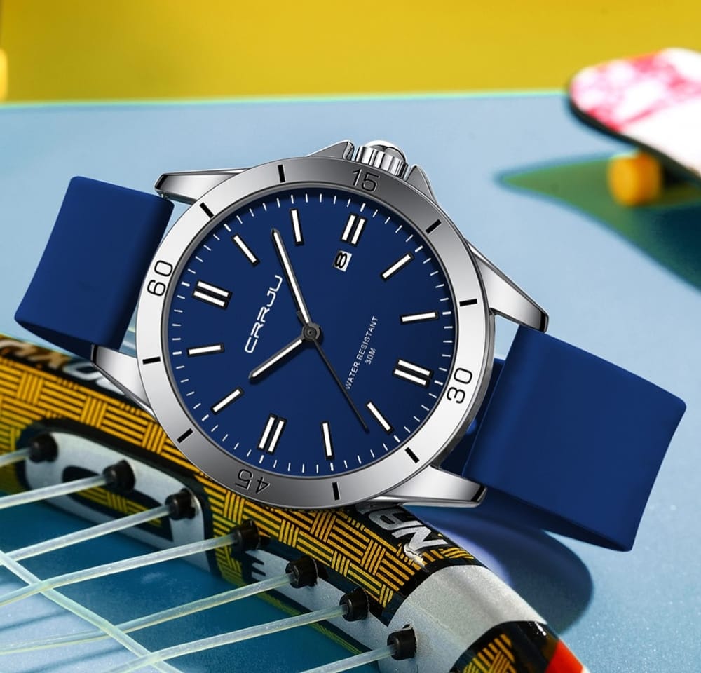 CRRJU 5025 Premium Men's Watch - Blue Dial Silicone Strap